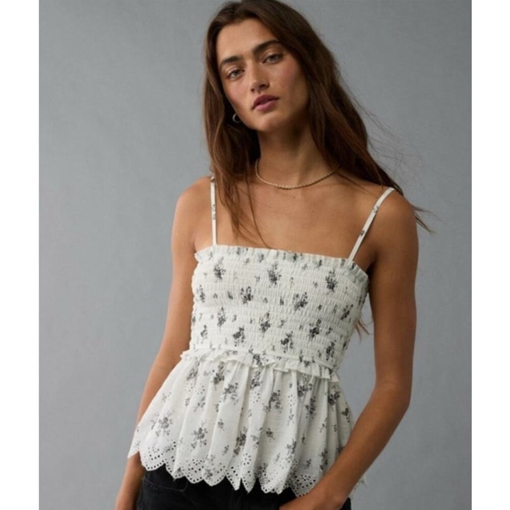 American Eagle Tiered Smocked Tube Top XL White Gray Eyelet Coquette Boho Fairy